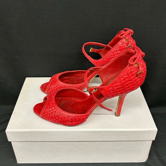 Christian Dior Soft Lady Dior Red Leather Woven Peep Toe Heels Shoes 37.5 7.5 - Picture 2 of 12